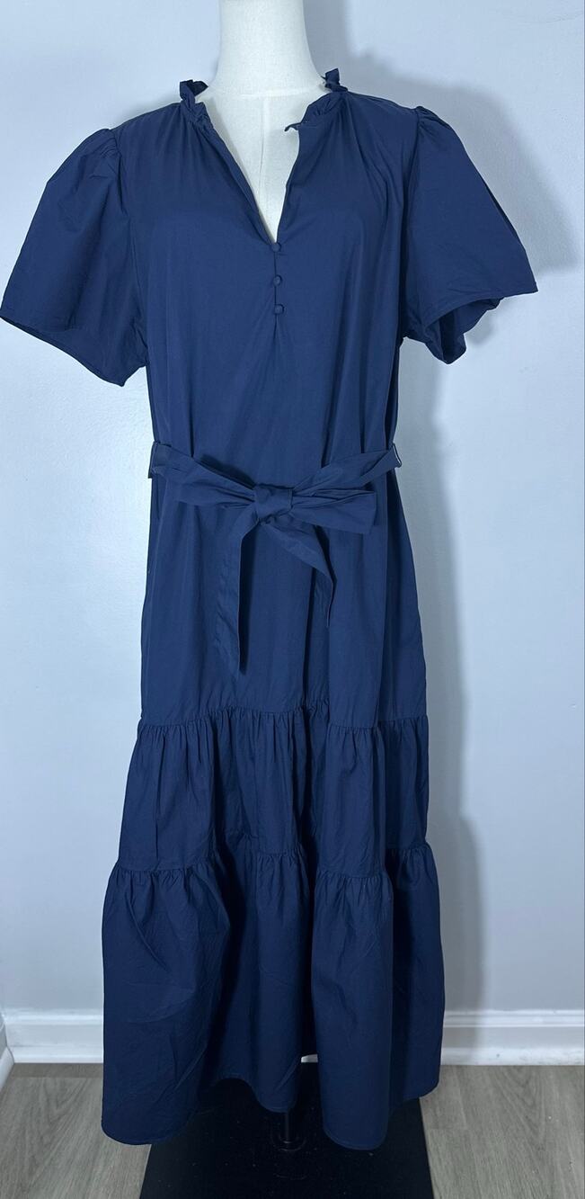 Sugarlips Britt Poplin Tiered Midi Dress Navy Blue Puff Sleeve Pockets Size XL
